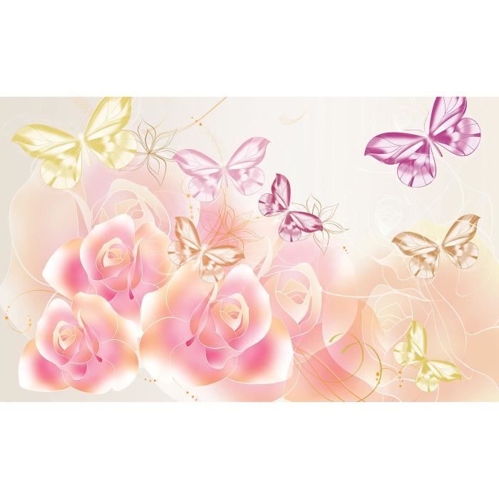 Papier Peint Chambre Enfant Fille 416x254 cm Rose Papillons Intissé Photo  Non Tissé Muraux Trompe l'oeil