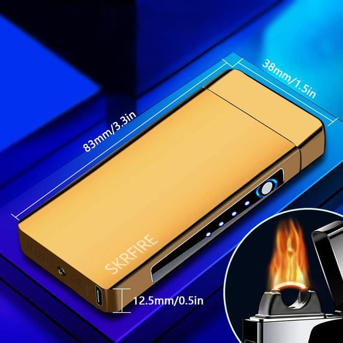 Briquet Électrique SKRFIRE Plasma - Rechargeable USB - Coupe-Vent Sans Flamme - Indicateur Batterie - Bleu - Cadeau Cool