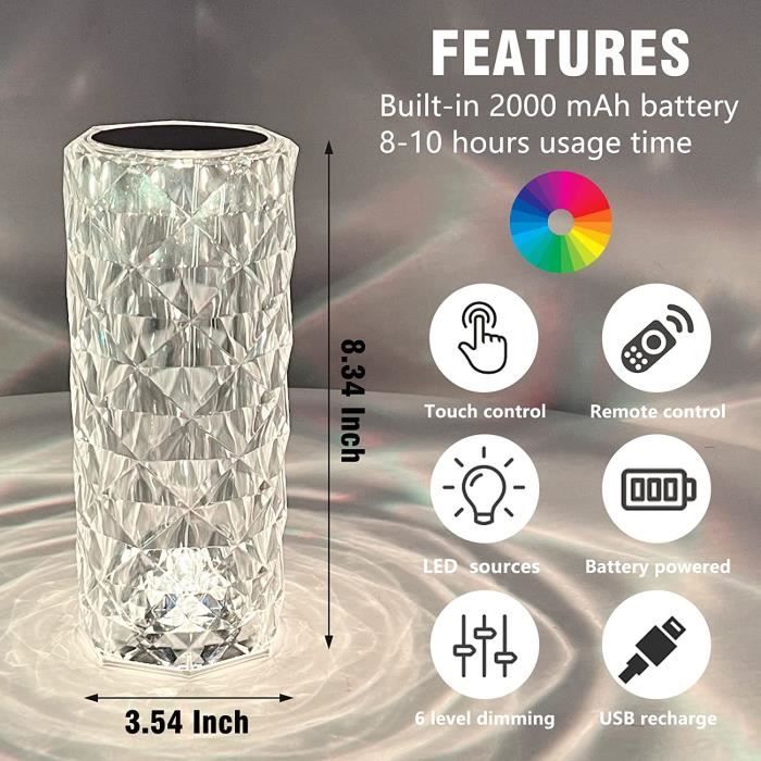 Lampe de table en diamant en cristal, 16 couleurs à changement de