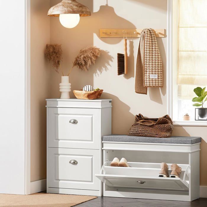 Banc D'entrée Avec Rangement à Chaussures HOMCOM - Coussin Rembourré, Tiroir Rabattable, Charge Max 120 Kg, Blanc, 62x26x47.5 Cm