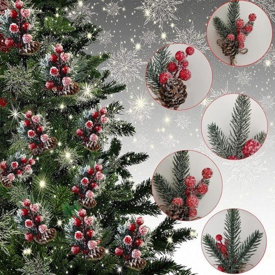 Branches De Sapin Artificiel Avec Baies Rouges - Décoration Noël Pour Couronnes, Guirlandes, Artisanat - Lot De 20 Branches + 40 Pommes De Pin