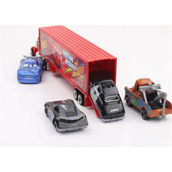 Set 2 Véhicules Cars Jouet - Camion Transporteur + Voiture De Course Avec Rampe