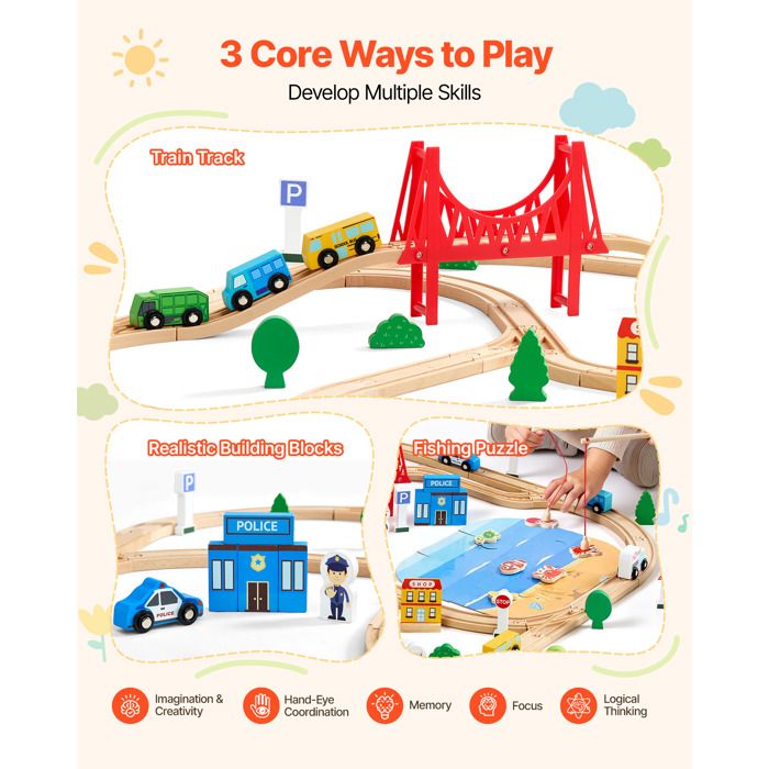 Circuit de Train Bois Enfants 3-8 Ans Ensemble Rails de Train en Bois 113 PCS Jouet pour Noël Anniversaire Petits Garçons Filles, Compatible avec Grandes Marques, avec Boîte de Rangement, Ville