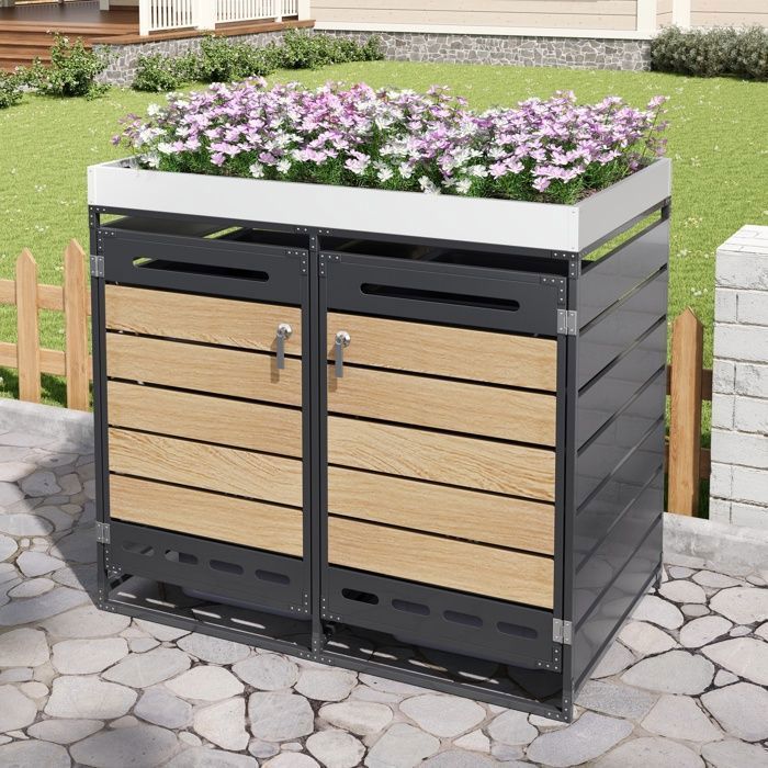 VSIAISV Cache-Poubelles Double avec Bac à Fleurs, Armoire Jardin Métal ...