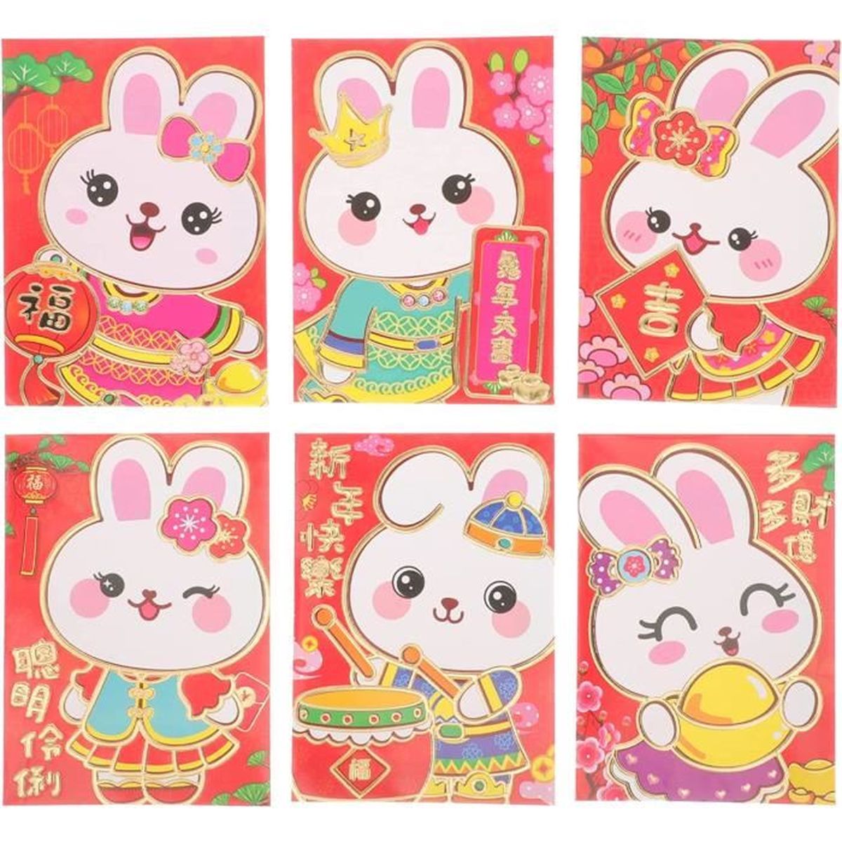 Lot De 18 Enveloppes Rouges Chinoises, L'année Du Lapin 2023 Pour Le Nouvel An Chinois Avec 18 Motifs En Relief Dores Differents