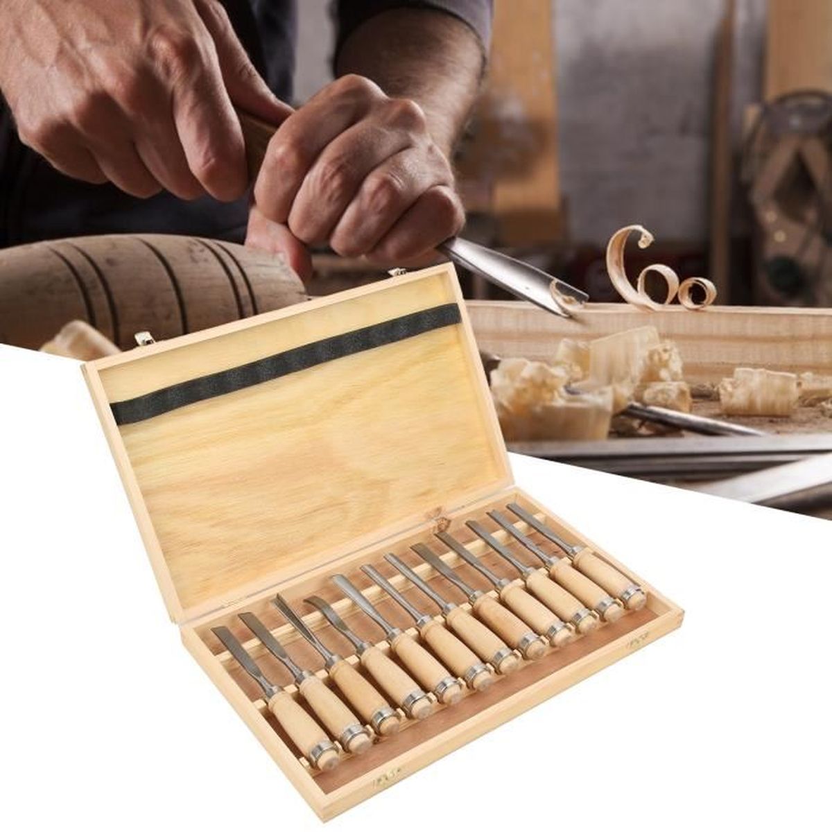 Flintronic Kit 12PCS Ciseaux à Bois Outils De Gravure Avec Pierres à Aiguiser - Parfait Pour Débutants Et Pros