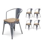 KOSMI Lot de 4 chaises en métal gris argenté style industriel avec assise en bois clair - Avec accoudoirs