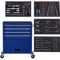 AREBOS Servante d'atelier 4 Compartiments | 4 tiroirs à roulement à Billes avec 81 pièces d'outils | Chariot à Outils | Bleu