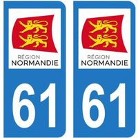 Lot 2 Autocollants Stickers plaque immatriculation voiture auto département 61 Orne Logo Région Normandie