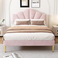 ModernLuxe Lit adulte 140x200cm - lit double avec sommier à lattes - tête de lit en forme de coquille - en velours - rose
