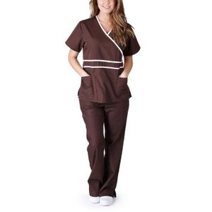 Ensemble de vêtements Hauts à col en V à manches courtes pour femmes + pantalons d'uniforme de travail d'allaitement marron