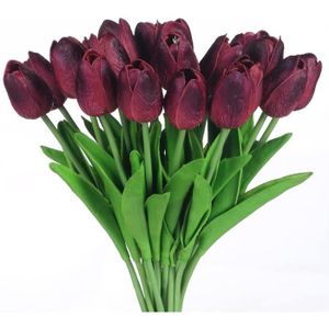 FLEUR ARTIFICIELLE vin rouge 20 pcs Real Touch Latex Artificielle Tulipes Fleurs Faux Tulipes Bouquets De Mariage pour Mariage Maison Jardin