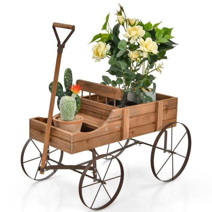 DREAMADE Brouette à Fleur en Sapin,Wagon de Jardinière en Bois avec Poignée  Réglable&Roues, Chariot à Fleur avec Trou de Drainage - Cdiscount Jardin