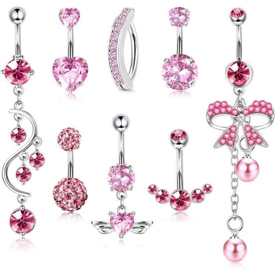Piercing Nombril Acier 316L Pendentif Fée Ailes Strass Rose