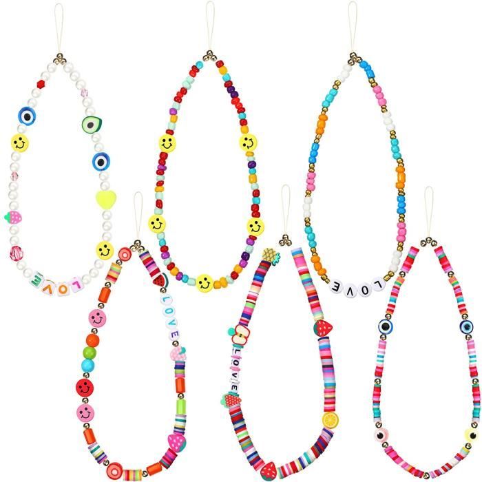 2 PCS Perlé Téléphone Charme avec Lanière Seminer Charme Elf's Eyes Téléphone Lanière Dragonne Anti-Perte Chaîne Mignon Bracelet Charme avec 2 Tampons Durables pour Femmes Filles 