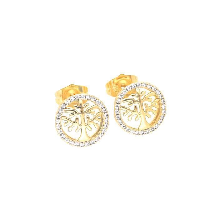 Boucles D'oreilles Puces Arbre De Vie - Zircon Rose - Plaqué Or 18 Carats - Neuf Avec Boîte