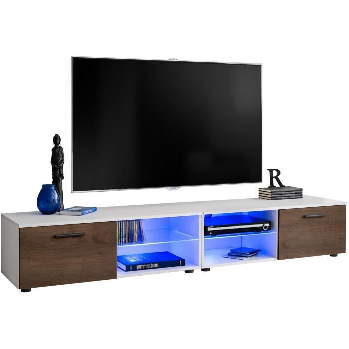 2 meubles TV avec une étagère en verre et une porte / Carcasse en Mat / Façades en Bois Mat / L(2x100cm) x H34.5cm x P45cm / Bronze