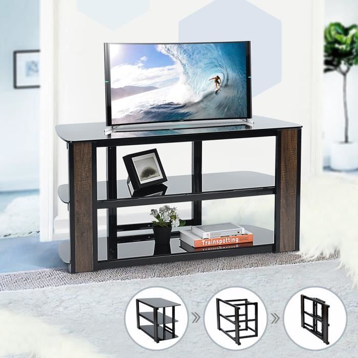 Furnish1 Console élégante avec support en verre trempé foncé pour téléviseur, cadre de divertissement pliant