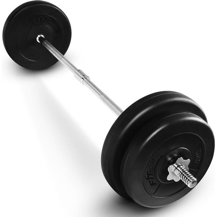 Haltère long de 30 kg - 120 cm (2 x 5 kg + 2 x 7,5 kg) Barre de Musculation longue avec Poids 4 Disques avec Revêtement en Plastique