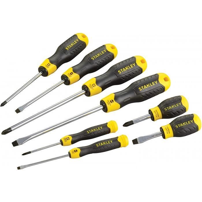 0-65-011 lot de 8 tournevis plats - lame en acier anticorrosion - poignée soft-grip large, jaune