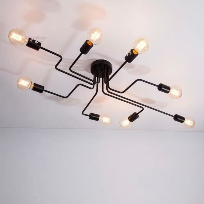 Vintage Multiple Rod Fer Forgé Plafonnier E27 Ampoule Salon café lustres Nordic Style loft rétro Fer Pendentif lampe (8 têtes)
