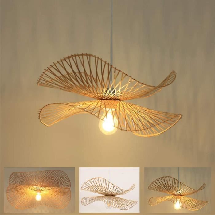 Lampe Suspension Rétro Naturel Bambou Rotin Tissé Pendentif Lumières E27 Hauteur Réglable Chapeau Lustre Chambre Salon Lampe Sa A474