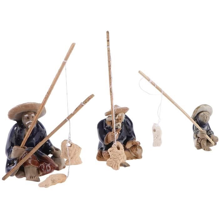 3 Pièces en Céramique Pêcheur Figurine Miniature Statue Pêcheur Bonsaï Pêcheur Figure Sable Table Fish Tank Ornements De Jardin De F