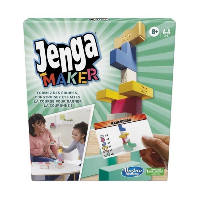 Jenga Maker, tour d'empilage avec blocs en bois massif véritable, jeu pour enfants, à partir de 8 ans, pour 2 à 6 joueurs
