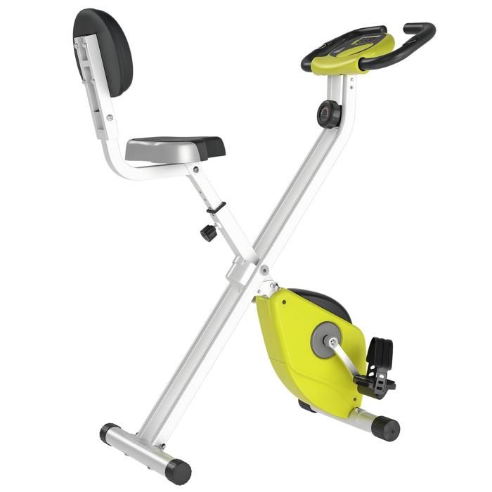 Vélo d'appartement pliable selle réglable dossier écran LCD multifonction capteur fréquence cardiaque acier blanc jaune 43x97x109cm