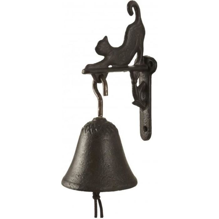 Cloche Sonnette Carillon Clochette de Porte Murale sur Crédence Motif Chat en Fonte Patinée Marron 8x12x18cm