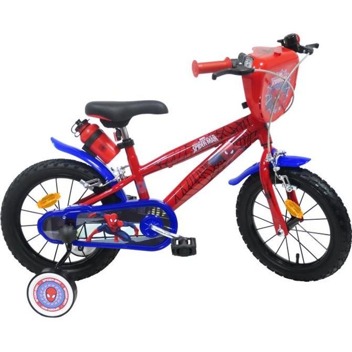 VELO ENFANT 14'' SPIDERMAN / DISNEY AVEC 2 FREINS ET 2 STABILISATEURS + BIDON / PORTE BIDON & PLAQUE AVANT DECORATIVE !