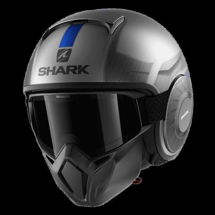 Casque moto jet Shark street drak tribute RM - gris/chrome/bleu