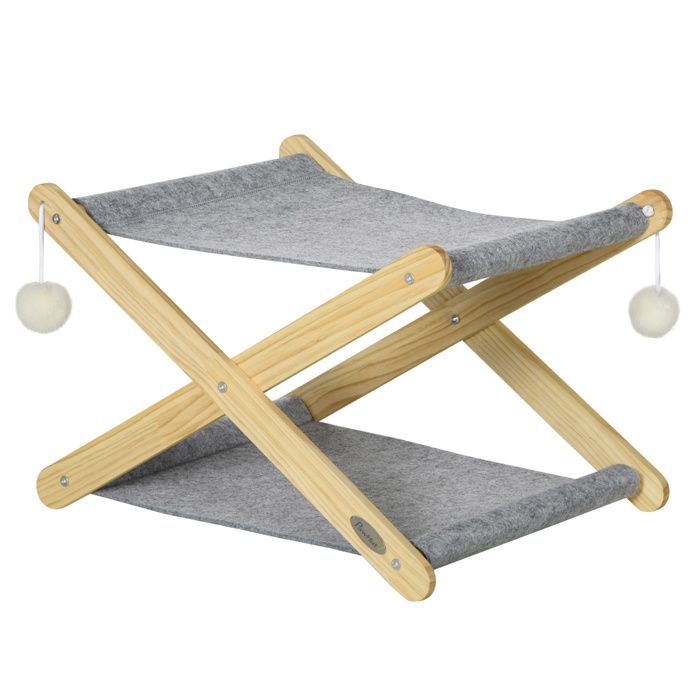PawHut Lit pliable pour chats hamac 2 niveaux en bois et feutrine avec jeu boules suspendues - dim. 52L x 42l x 33,5H cm