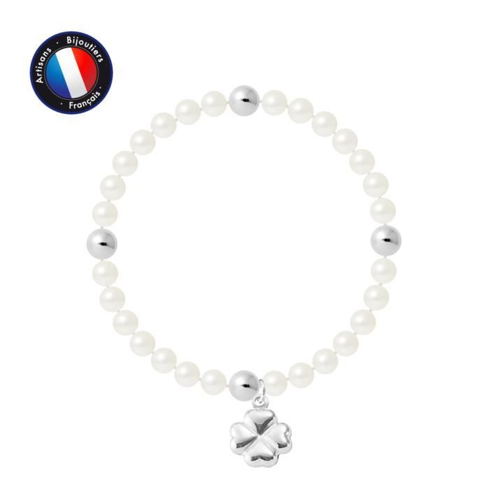PERLINEA - Bracelet My Chance - Véritable Perle de Culture d'Eau Douce Ronde 5-6 mm Blanc Naturel - Câble Elastiqué - Bijoux Femme