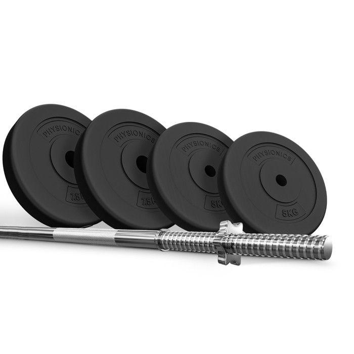 Physionics® Barre d'Haltère Longue avec Disques de Poids - Barre (120cm, Fermoirs, Max. 500kg) avec Disques 30 kg, Ø 31 mm - Fitness
