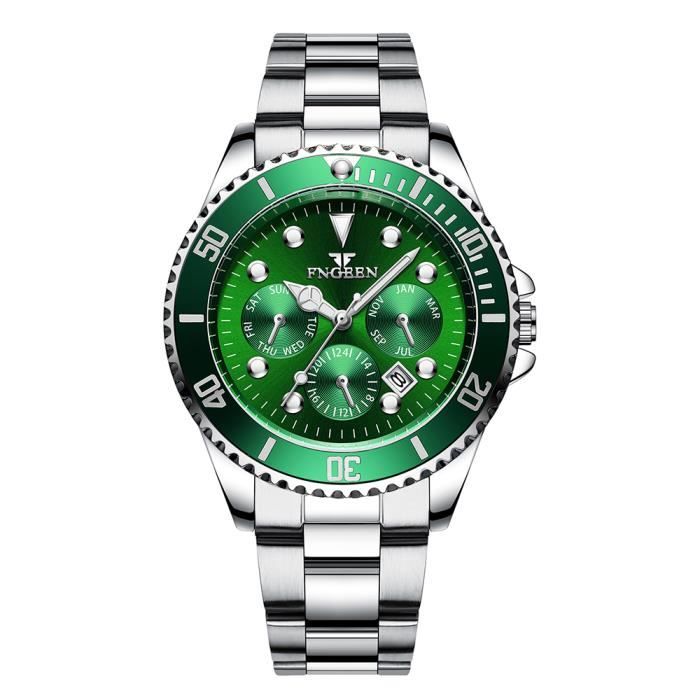 RMEGA Montre Homme Montre Bracelet Homme Affaires Quartz Etanche Acier Inoxydable Bande Acier Cadran Vert