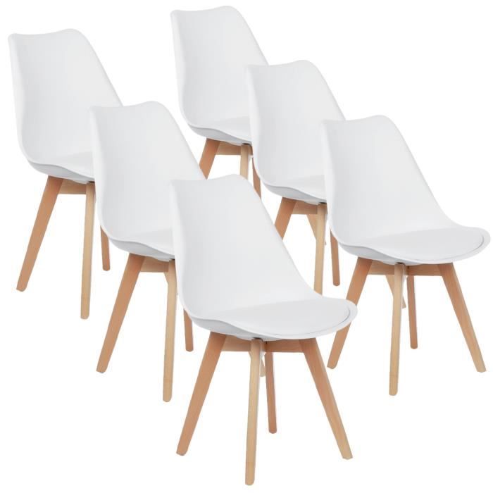Lot de 6 chaises - Scandinave - Pieds bois - avec coussin Blanc