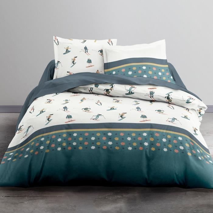 Housse de couette 220x240 TODAY MARILOU + 2 taies 100% coton flanelle Blanc, Jaune, Vert