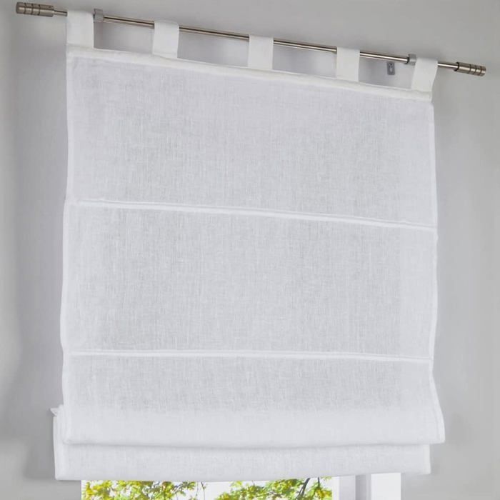 Store Bateau Lin 100% - 45x140cm Blanc/Naturel Avec Oeillets, Installation Sans Perceuse