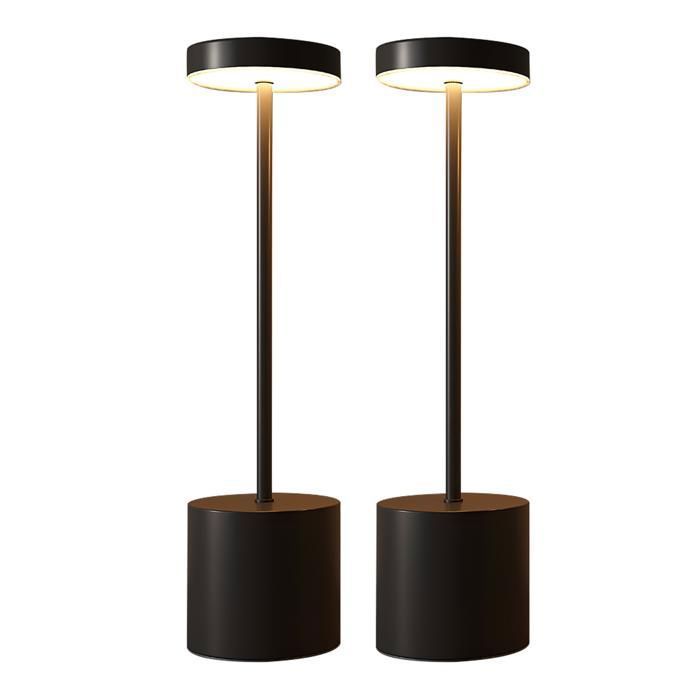 CATAVANA Lot de 2 Lampes de Table LED Sans Fil Rechargeables Design Minimaliste – Lampe Tactile Variateur USB-C IP44 Métal Noir