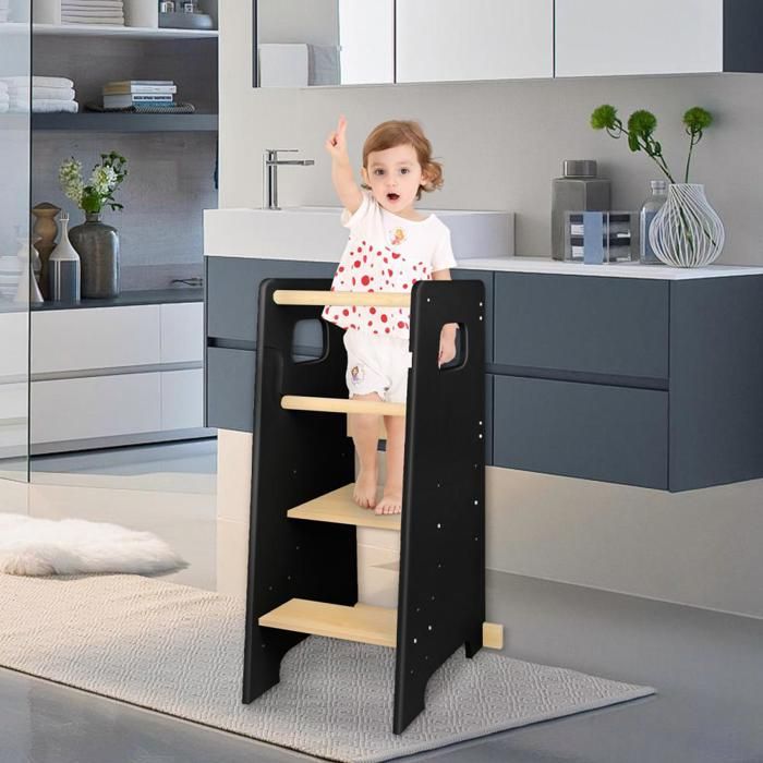 YIPEEMA. TOUR DOBSERVATION EN BOIS POUR ENFANTS TABOURET DEBOUT TABOURET DE LAVAGE REPOSE-PIEDS 40*42*90CM NOIR.