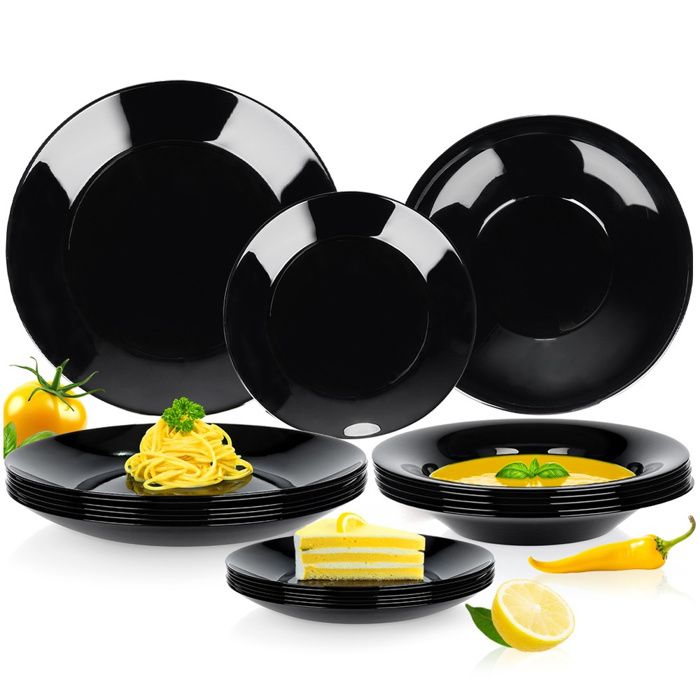 Service de table 18 pièces - Verre opale - Assiettes creuses et à dessert - Noir