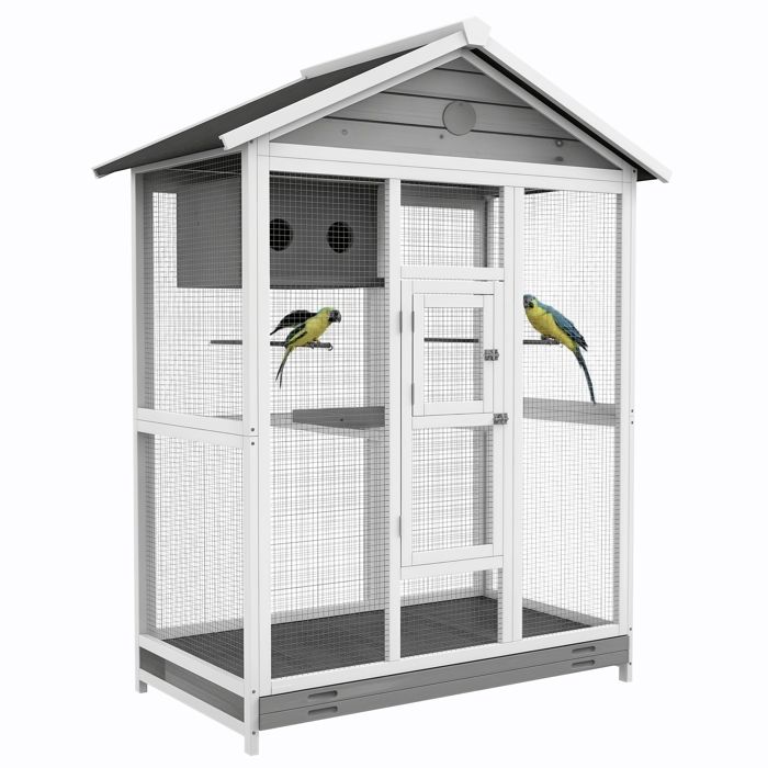 Comparer les prix de Grande cage oiseau - PawHut - 4 perchoirs bac à litière coulissant 2 portes - pour canaris et perruches - gris
