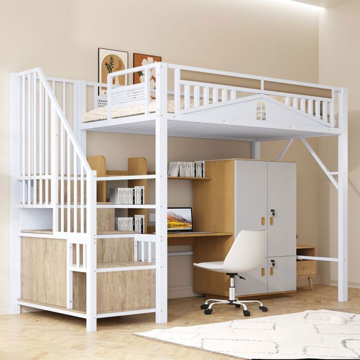 Lit Mezzanine 90x200 cm Métal et Bois avec Escalier Rangement - lit simple - Armoire Barrière Design Fenêtre 24 Lattes Blanc