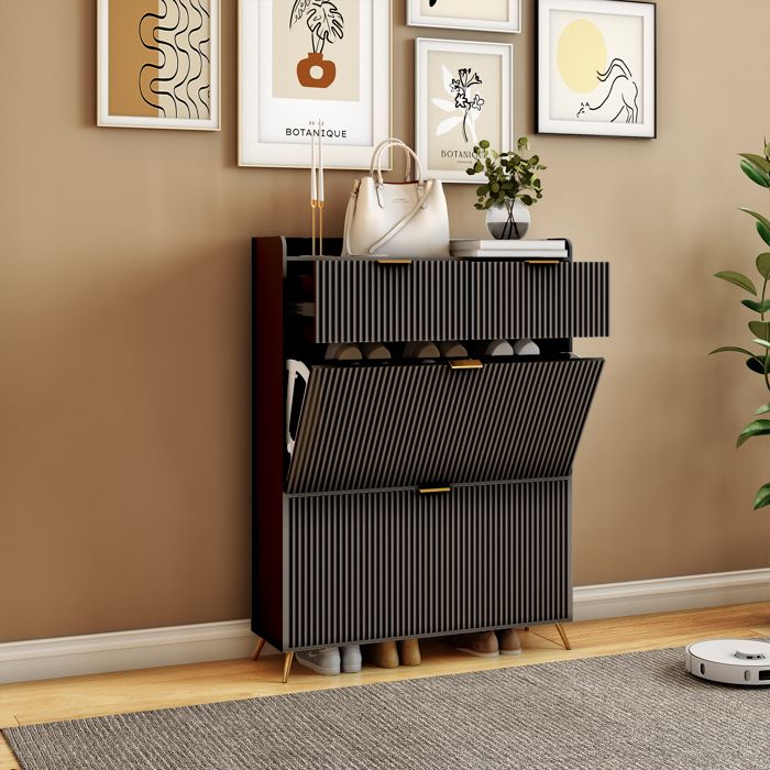 Meuble à Chaussures Entrée Noir Étagère de Rangement avec Anti-Bascule Design Rayures Verticales & Pieds Métalliques