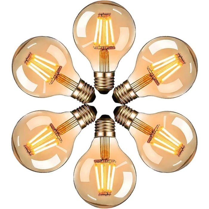 Ampoule LED Edison vintage - MICH - G80 - E27 - 4W - Blanc chaud 2700K - Lot de 6 - Filament rétro - Non-dimmable