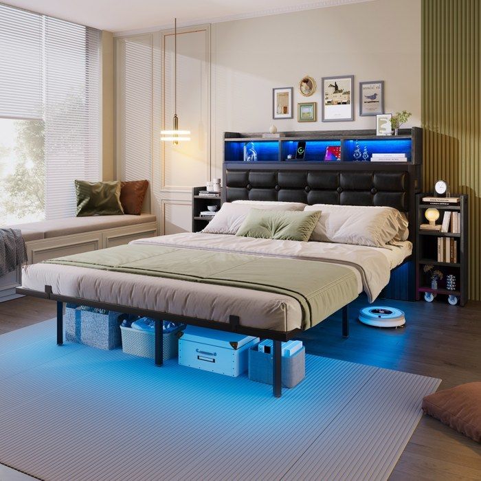 Lit capitonné 140x200cm avec LED lit coffre sommier à lattes lit double 2 tables de chevet coulissantes ports Type-C USB gris