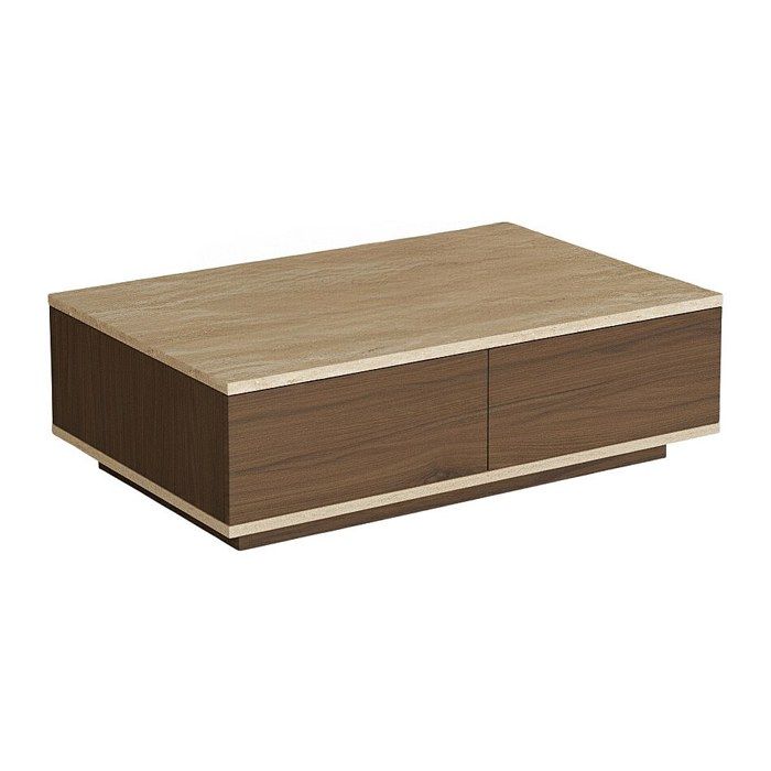 Table basse avec 2 portes - Effet travertin beige et Naturel foncé - LOTULA
