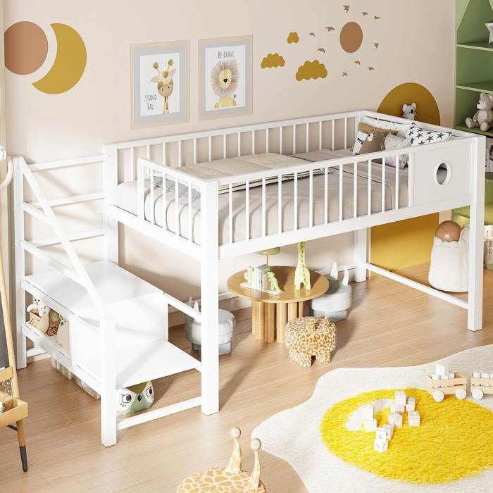 Lit mezzanine enfant - LEMONBEST - 90 x 200 cm - Métal blanc - Échelle de rangement - Sommier à lattes