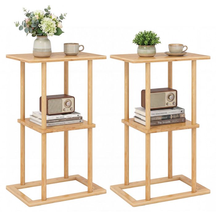 COSTWAY Lot de 2 Tables dAppoint 40 x 28 x 65 cm avec Étagères de Rangement et Structure en Bambou pour Salon Chambre Gain de Pla